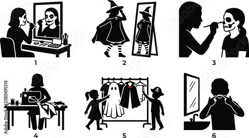 People Getting Ready for Halloween Costumes and Makeup Vector Silhouette Set