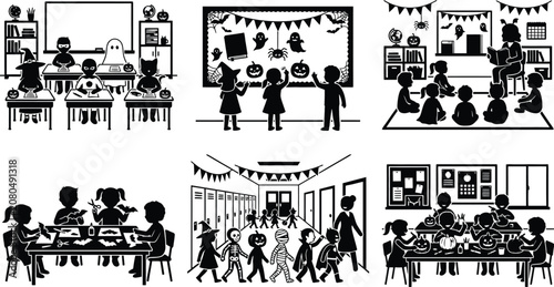 Kids in Halloween Costumes at School Classroom Vector Silhouette Set