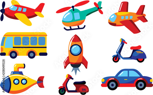 Set of colorful transportation icons, cute cartoon vehicles including plane, bus, rocket, scooter, and car.