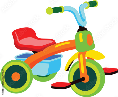 Colorful tricycle for children, cute cartoon vehicle with storage basket for outdoor play and fun.