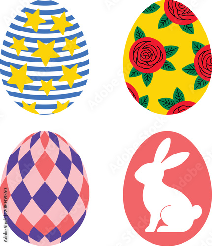 Set of colorful decorated Easter eggs, festive holiday pattern collection with floral, geometric, and bunny.