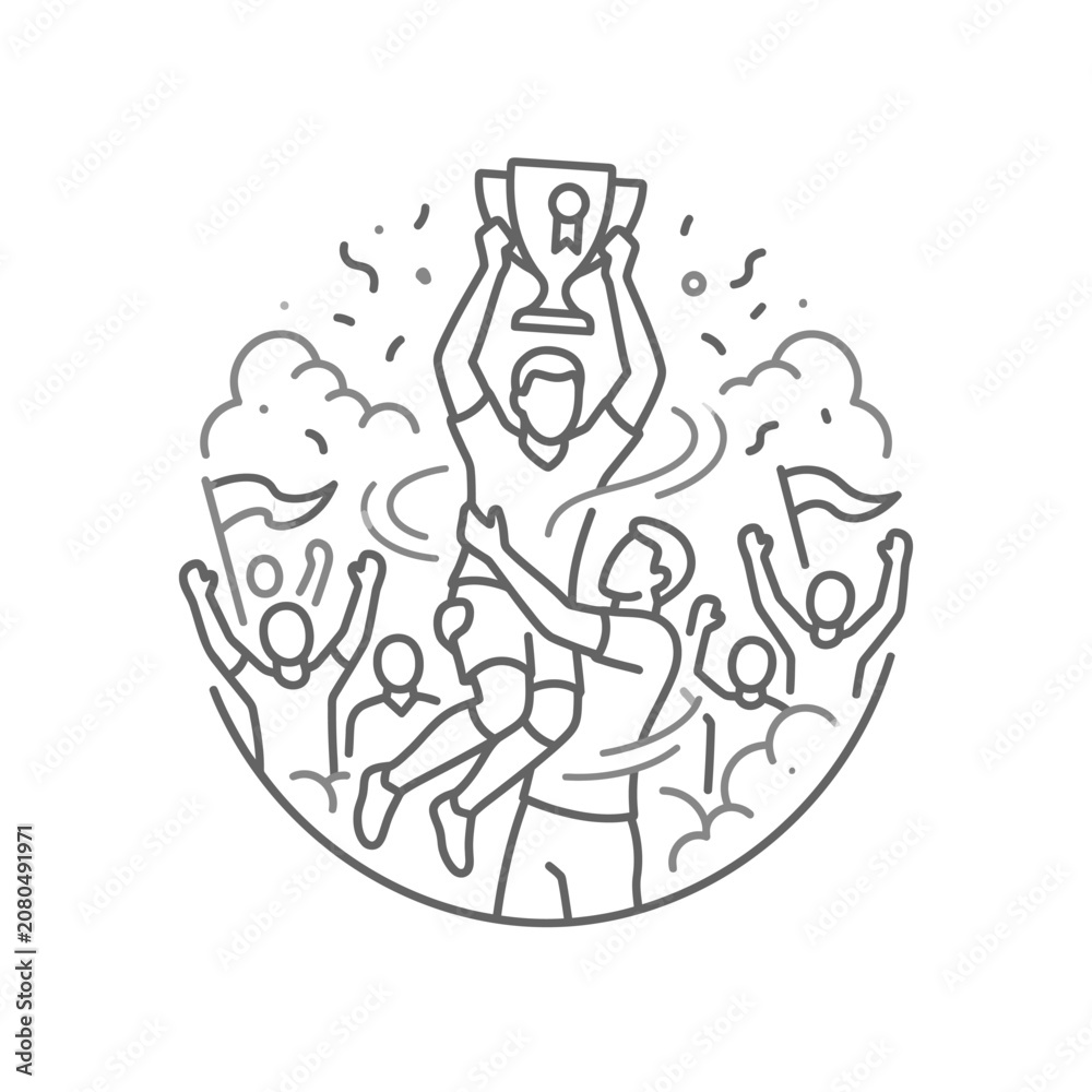 Obraz premium Circular vector illustration of athletes lifting a trophy.