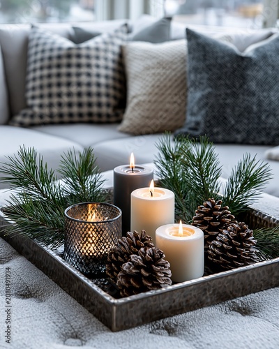 Cozy Winter Decor with Candles, Pine Cones, and Greenery on a Tray
