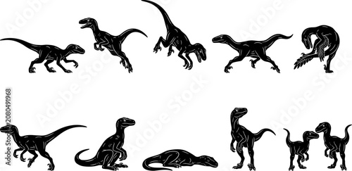 Obraz na plátně vector can editable Agile dromaeosaurid silhouettes illustrating the predatory s