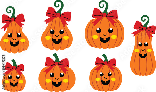 Set of cute cartoon pumpkins with red bows, festive autumn harvest icons for Halloween design.