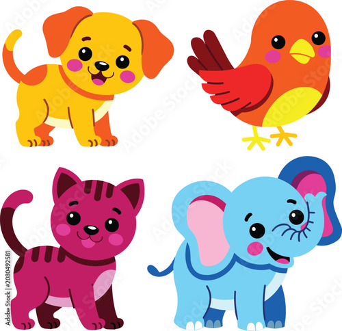 Set of cute colorful cartoon animals, happy dog, bird, cat, and elephant for kids design.