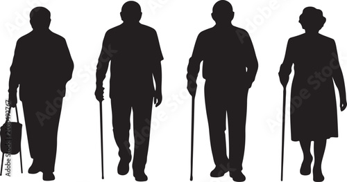 Diverse group of active senior citizens walking with canes and carrying bags showing independence and mobility