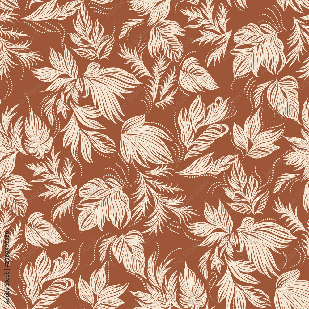 Fototapeta premium Cream Botanical Line Art Foliage Seamless Pattern with Tossed Leaves and Flowers on Terracotta Background