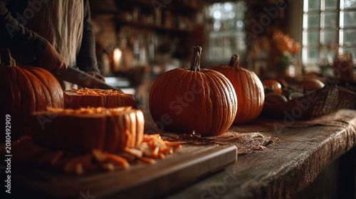 Halloween pumpkins are prepared in a cozy kitchen while decorations fill the space with festive vibes