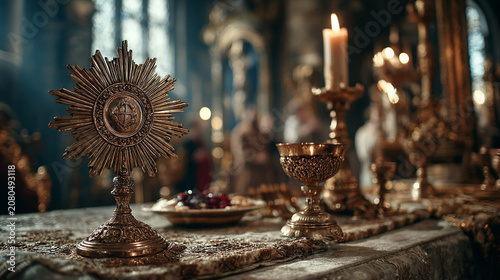 Gold altar items with candle and dark background during religious gathering in sacred space