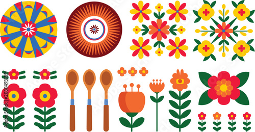 Set of colorful folk art patterns, traditional floral designs and wooden spoons for cultural decoration.