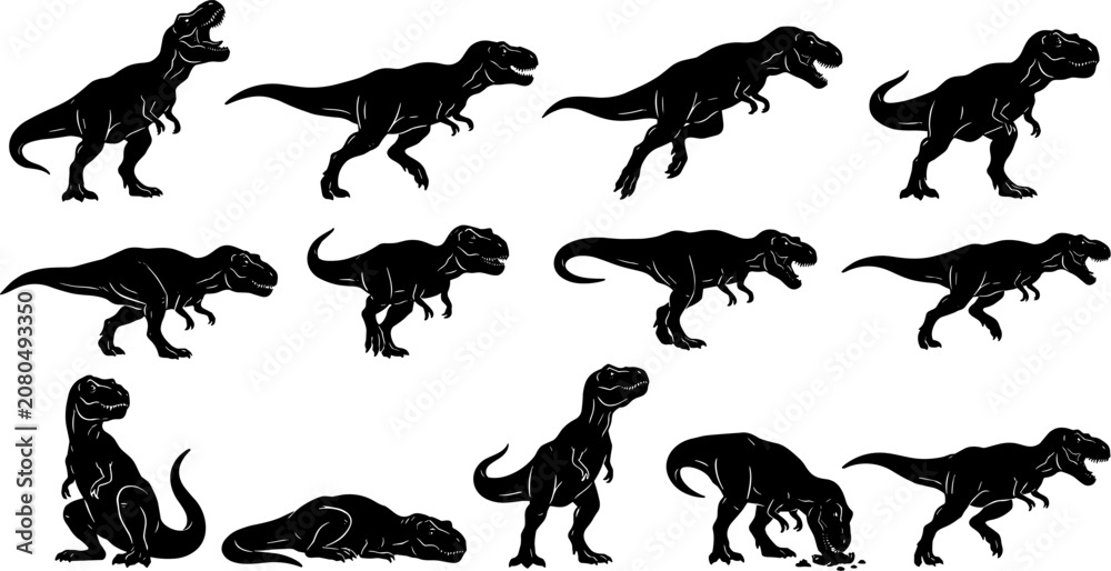 Obraz premium vector can editable Powerful silhouette collection of tyrannosaurus rex dinosaurs in aggressive and roaring poses