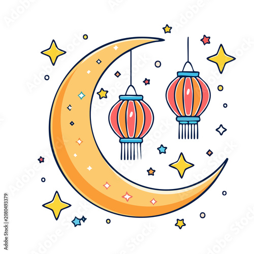Crescent moon with hanging lanterns and stars