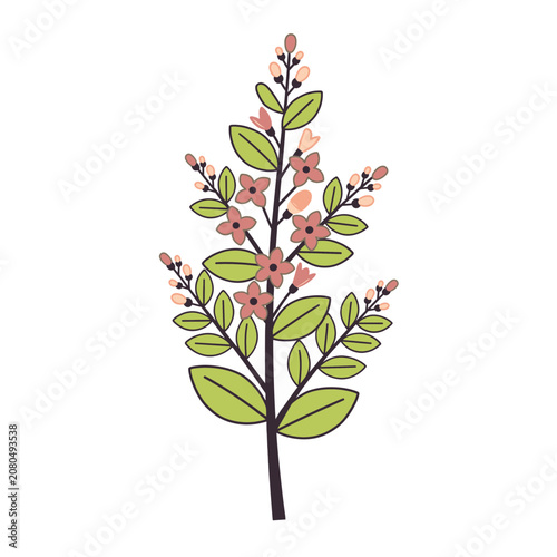 Flat illustration of a flowering branch with pink flowers and green