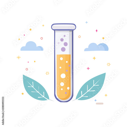 Flat illustration of a test tube with liquid and decorative elements