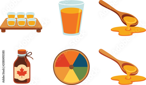 Maple syrup products collection, glass of juice, wooden spoons with dripping honey, bottle, round color wheel.