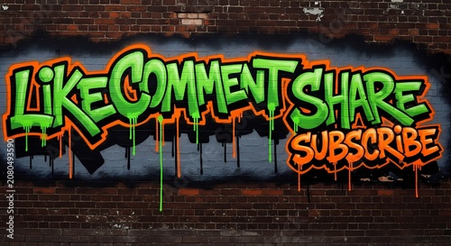 Like comment share subscribe graffiti mural on dark brick wall with generated