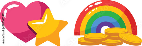 Pink heart with yellow star, colorful rainbow with gold coins, bright icons, fantasy game design elements.