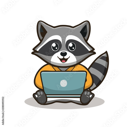 Cartoon raccoon using laptop computer
