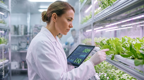 Female scientist in white coat, latex gloves, examining lettuce in a vertical farm, digital tablet shows real-time plant data and environmental metrics.
