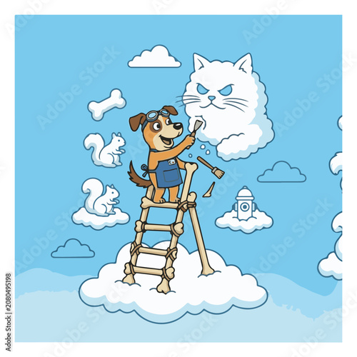 Cute Cartoon Dog Sculpting a Cat from Clouds in the Sky