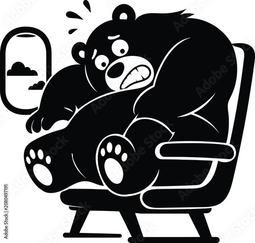 Stressed black bear character sitting in an airplane seat looking out the window during a flight