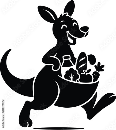 Happy kangaroo carrying a bag full of fresh groceries and food items in its pouch