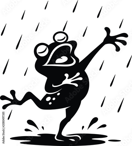 Cute happy frog dancing in the pouring rain illustration