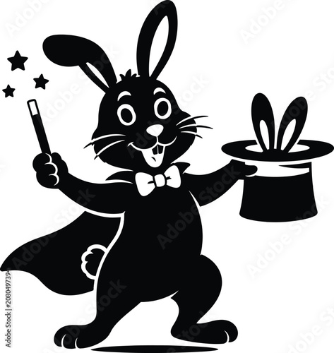 Cute magic rabbit with a wand and top hat performing a fun trick illustration