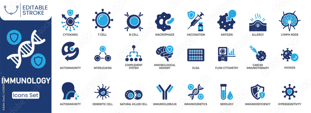 Fototapeta premium Immunology icon set. Containing T cell, B cell, vaccination, macrophage, immunoglobulin, cytokines, antigen, lymph node and more. Solid vector icons collection