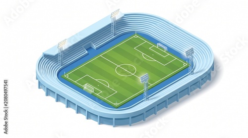 a full football stadium view with green grass field, blue boundary track/edge, white center circle and field markings, goal posts at both ends, and multiple floodlight towers.