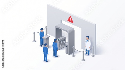 vector illustration on white background: a clinic/security entrance area with three medical staff/people in blue uniforms and a doctor in a white coat. Include a warning/caution red icon on the wall 