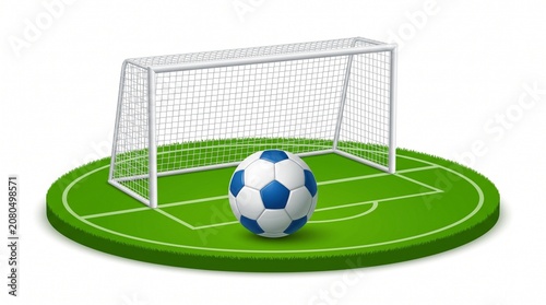Clean 3D vector illustration on white background: a small soccer goal net at the back, a green round field platform in the center, and a realistic-style blue-and-white soccer ball positioned