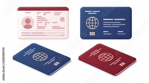 Clean 3D vector illustration on white background: display four passport cards in two styles .Include a central globe emblem Include a central globe emblem on the blue/red passports .
