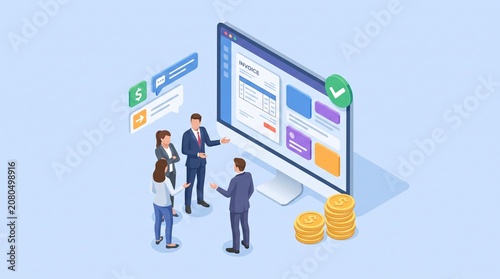 vector illustration on a light blue background. A large computer/business payment dashboard screen angled in perspective showing an “invoice” and UI panels (no readable text—use simple generic shapes 