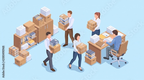 Clean 3D isometric vector illustration on a light blue background. A busy office scene with a desk and chair on the right, where a worker sits reviewing documents. Several other workers stand.