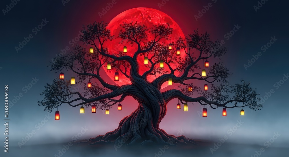 Fototapeta premium A gnarled ancient tree stands in thick eerie mist under a blood red moon with glowing lanterns hanging from its many twisted dark branches, landscape, surreal, woods