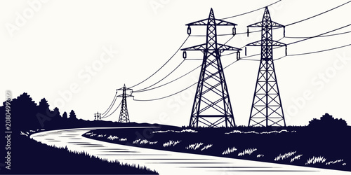 Electrical transmission towers in rural landscape drawing with electricity transmission infrastructure landscape electric industry distribution