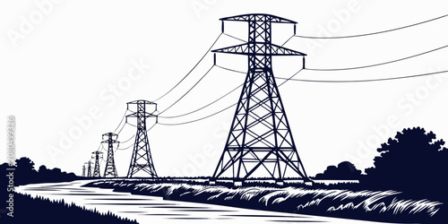 High voltage electricity pylons landscape illustration with electricity transmission infrastructure landscape electric industry distribution