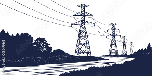 Cuadro en lienzo High voltage electrical power pylons on countryside landscape vector illustratio