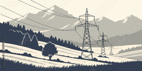 Fotografie Power transmission infrastructure with electricity towers and lines in valley la