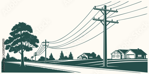 Rural landscape illustration with electrical transmission lines road and countryside houses landscape electricity countryside transmission