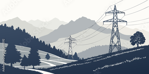 Schilderij op canvas High voltage power lines and transmission towers in a mountainous rural landscap