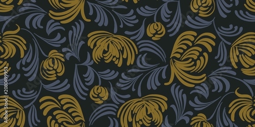 Seamless baroque damask pattern with gold and blue acanthus leaf scrolls on dark navy background luxury vintage textile design