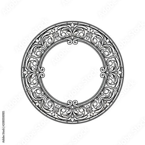 Intricate circular ornamental metal design element.
