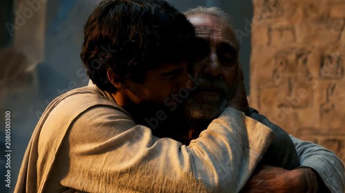 Joseph reuniting with his father Jacob in Egypt. Emotional embrace between biblical father and son. Genesis narrative scene