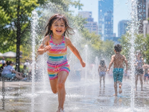  joyful girl in a colorful swimsuit runs through a city water fountain on a sunny day, with other children playing in the background.