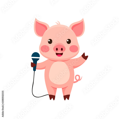 Cartoon Pig Holding Microphone Vector Illustration
