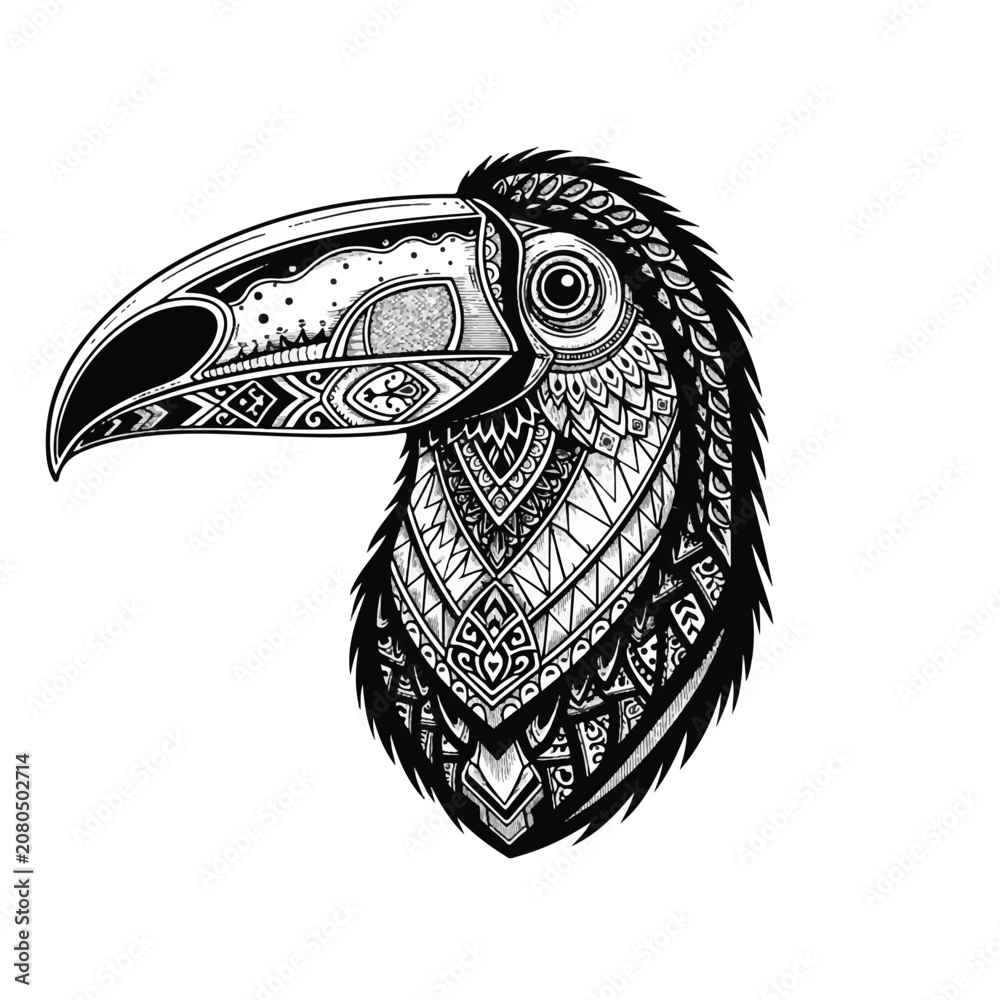 Fototapeta premium Toucan Bird Head Closeup Illustration.