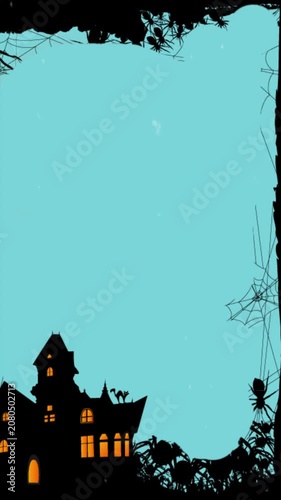Haunted House Halloween Background with Spider Web Frame